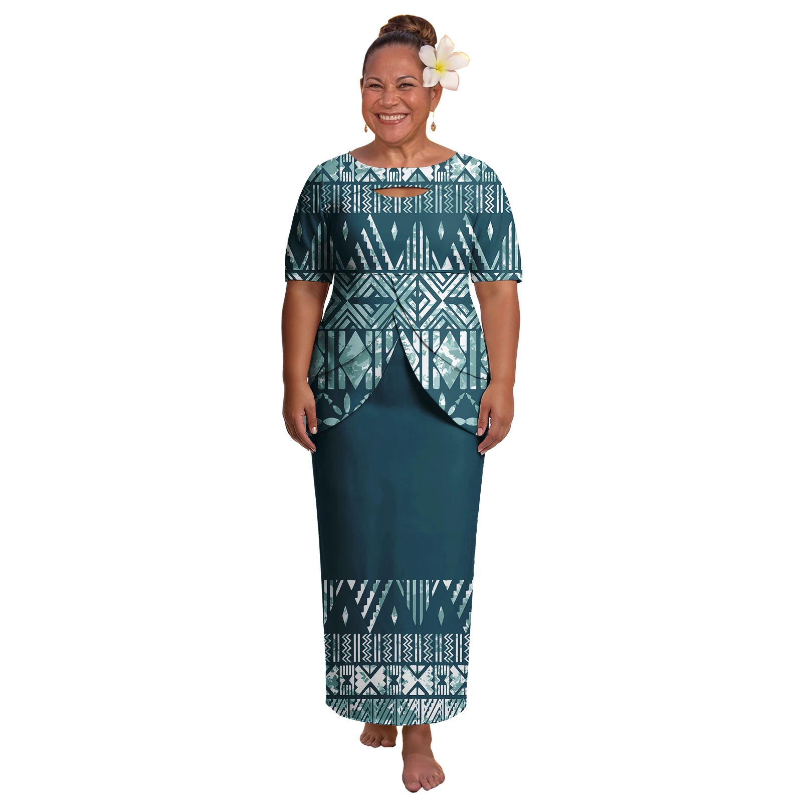 Hot Sale Polynesian Party Holiday Clothes Custom Hawaiian Floral Print Ladies 2pc Set Dress Tribal Design Women Samoan Puletasi