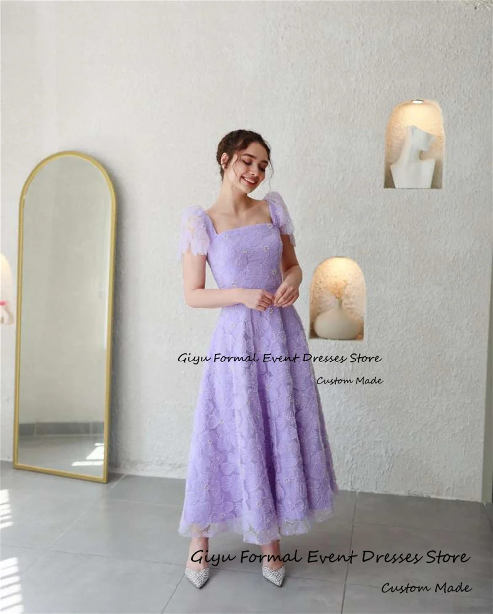 Giyu A-line Lace Followers Wedding Dresses For Woman Purple Sweetheart Collar Evening Party Dress Ankle-Length Summer Dress