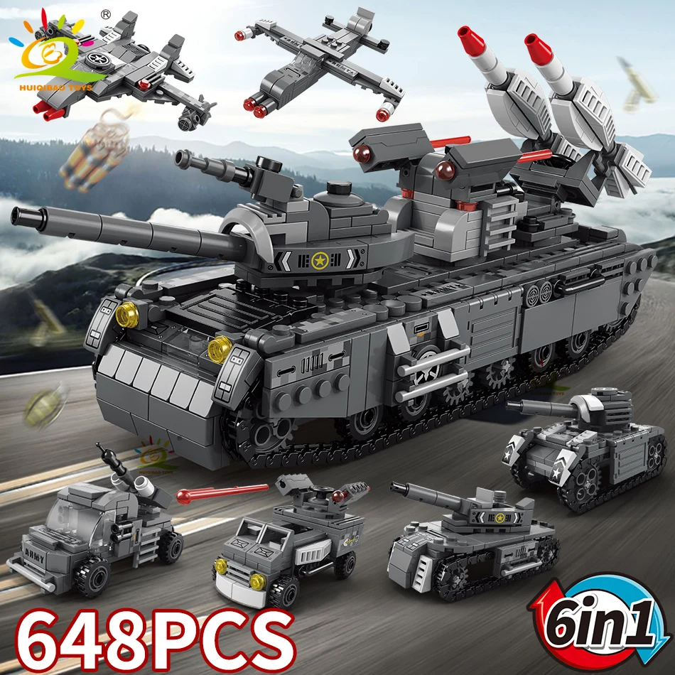 HUIQIBAO WW2 Military Tank 648pcs 6in1 Building Blocks Set Truck Plane Army Bricks City Construction Toy For Children Kids Game