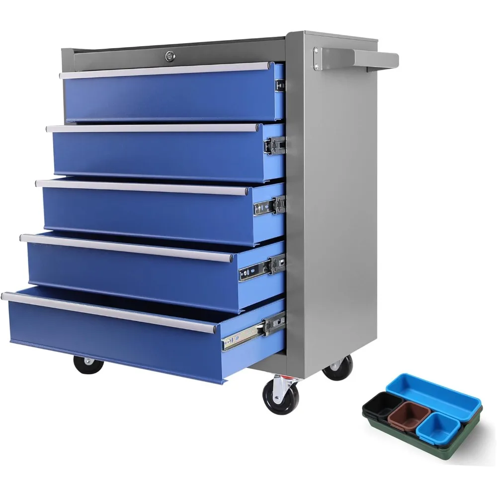 

5-Drawer Tool Chest Cabinet with Wheels, Rolling Tool Chest with Drawers, Top Cushion & 7pcs Tray Divider Set, Multifunctional