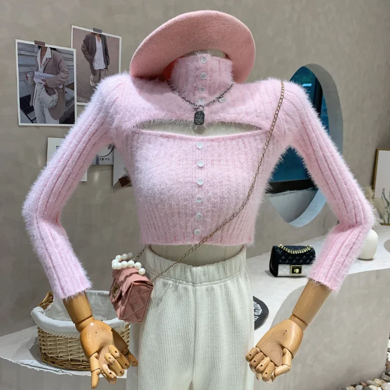 Half High Collar Sweater Women Slim Sexy Hollow Jumper Pullover Tops Crop Pink Sweaters Fur Button Knit Sueter Shirt