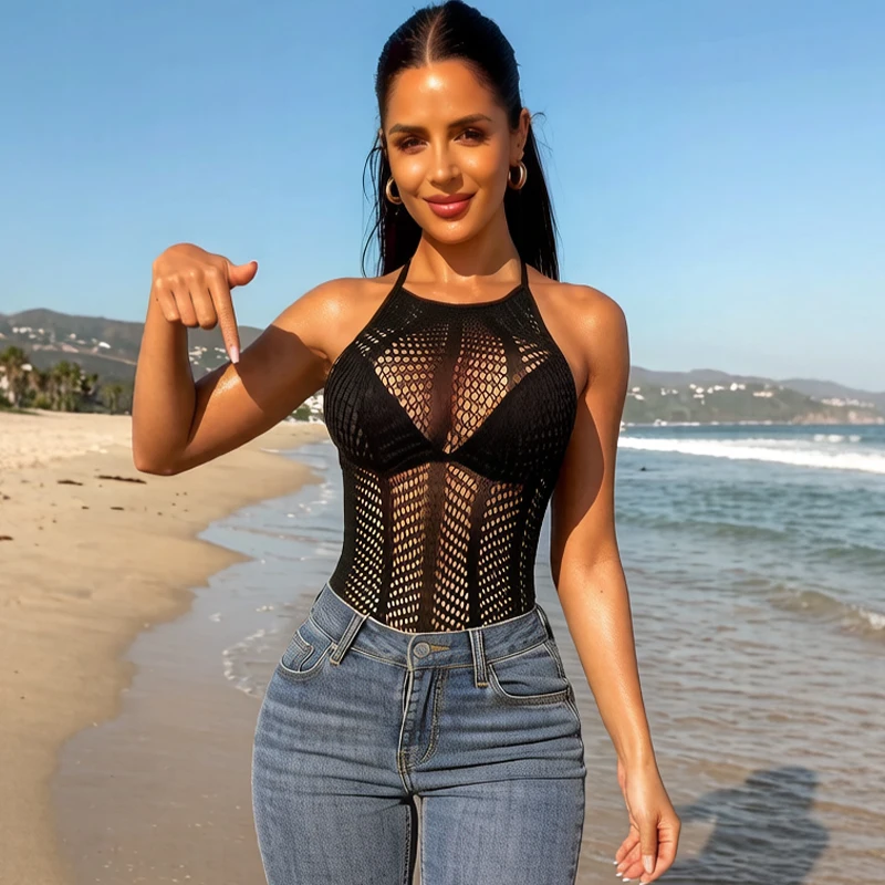 Damen Sommer Bodycon Top Strandkleidung Ausgehöhltes Strandoutfit Ohne Unterwäsche Transparentes Netzkleid Musikfestival Badeanzug