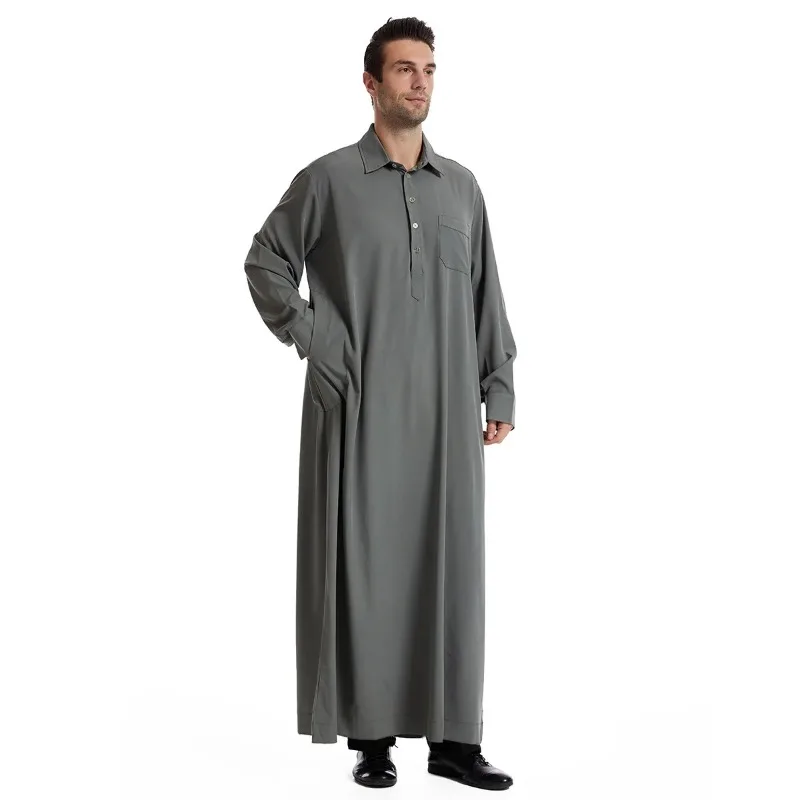 Eid Muslim Men Jubba Thobe Mens Long Shirt Dress Islamic Ramadan bavero Robe Saudi Musulman Wear Abaya caftano Dubai Arab Dress