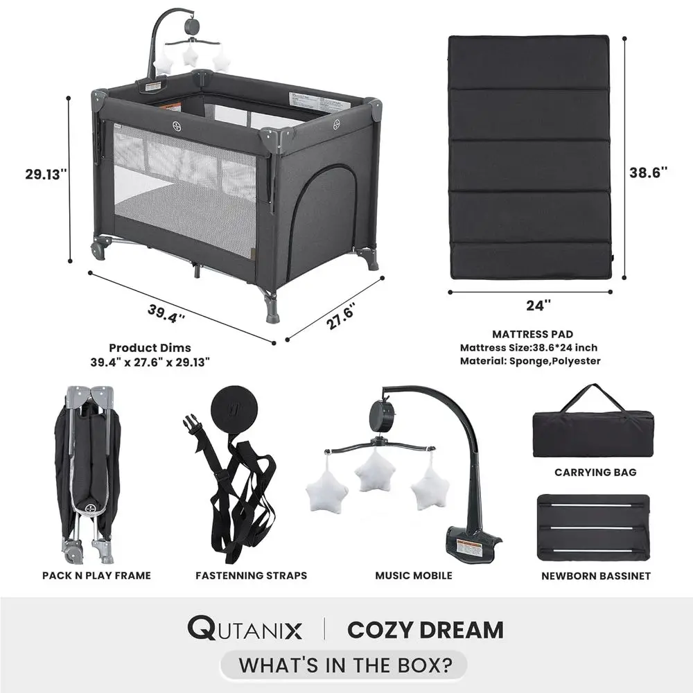 Parc et berceau portables 2 en 1 avec matelas, gris, pour nouveau-nés et tout-petits