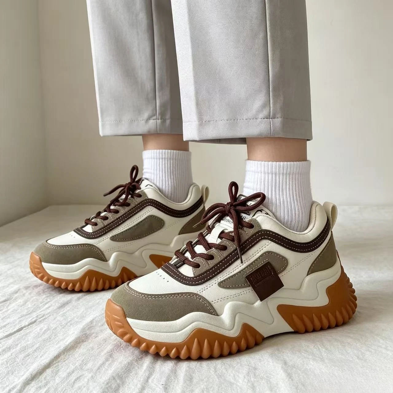Women's color block sneakers lace-up sturdy and durable thick-soled splicing casual walking fashion women's outdoor shoes