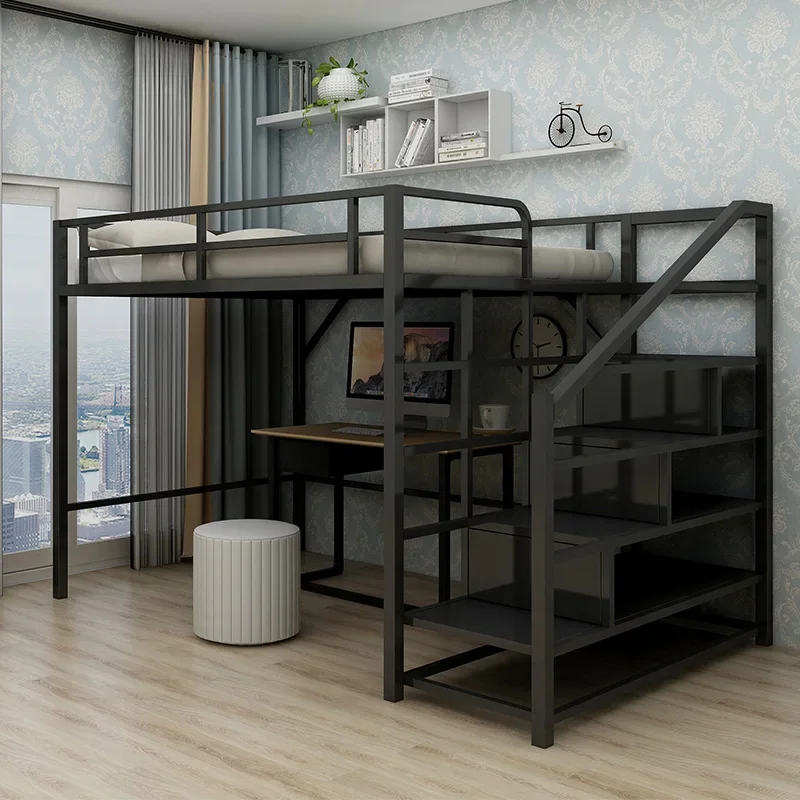 Wrought iron elevated bed sheet upper layer adult children bunk bed loft duplex second floor space saving upper