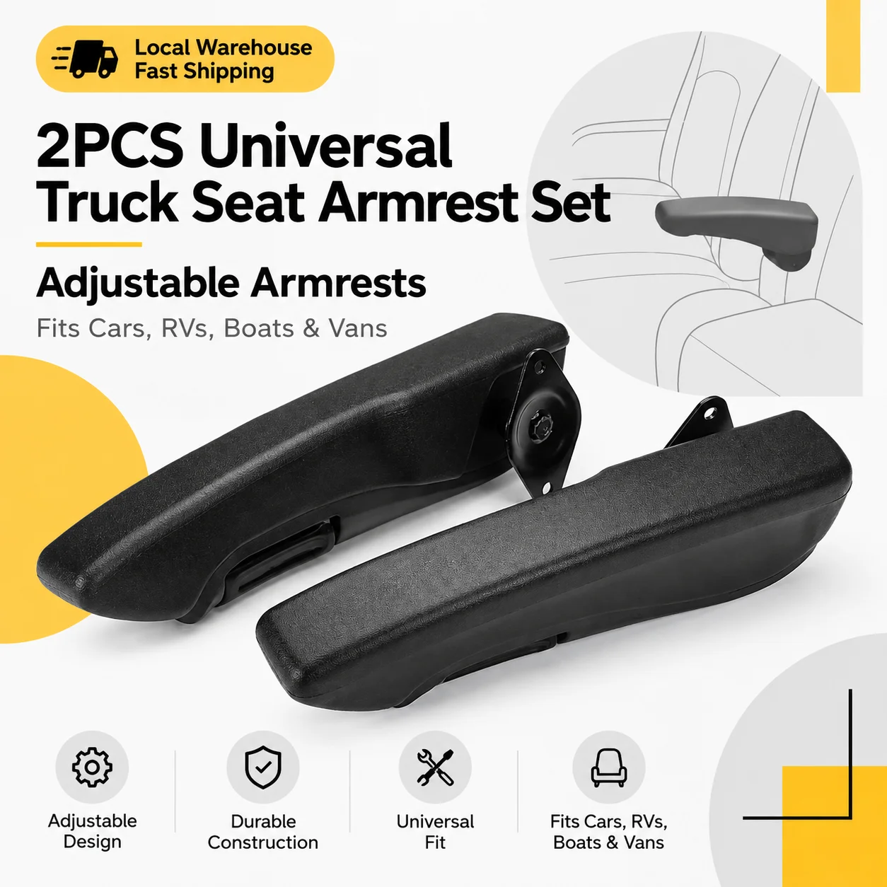 Kit universale per braccioli di sedili di camion, composto da due pezzi, con braccioli regolabili, adatto per auto, camper, barche e furgoni.