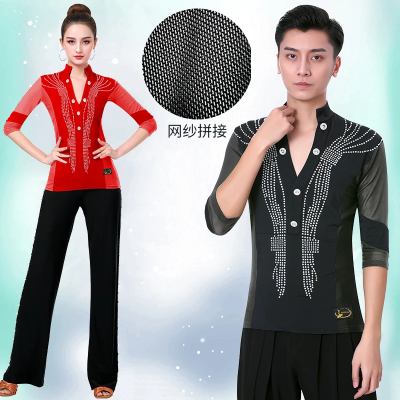 National Banner Dance Top Men\'s New Big V-Neck Diamond Waltz Adult Dance Suit Latin Dance Practice Suit