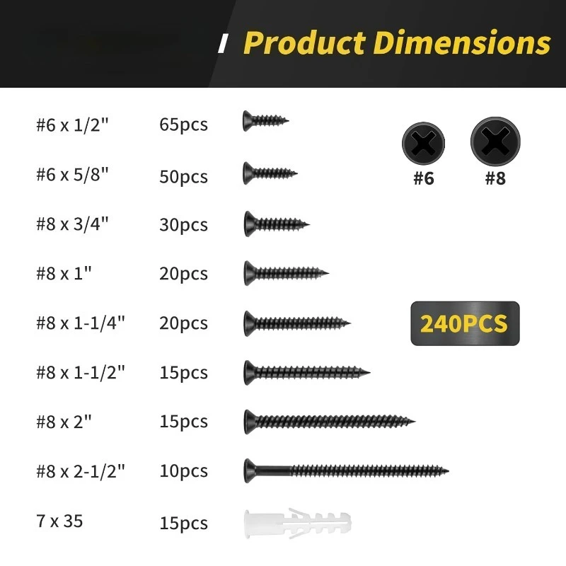 240pcs Black Cross Countersunk Wood Flat Head Screws Assortment Kit Phillips Drive Screws with Anchors for Furniture Assembly