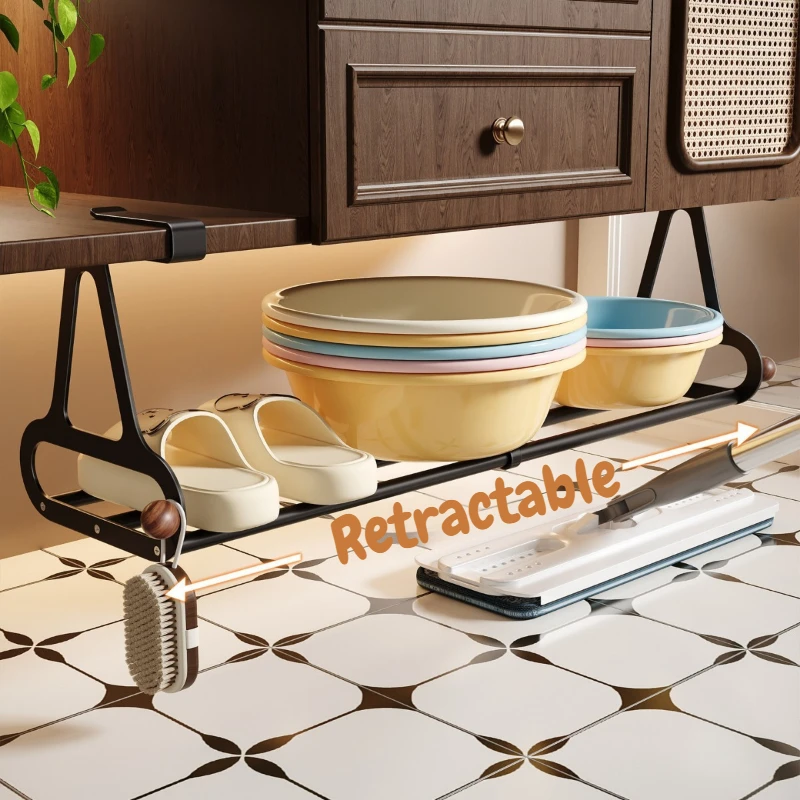 Retractable Washbasin Storage Rack Retro Portable Shelf Under Bathroom Cabinet Strong Load Bearing Hanging Basin Home Household