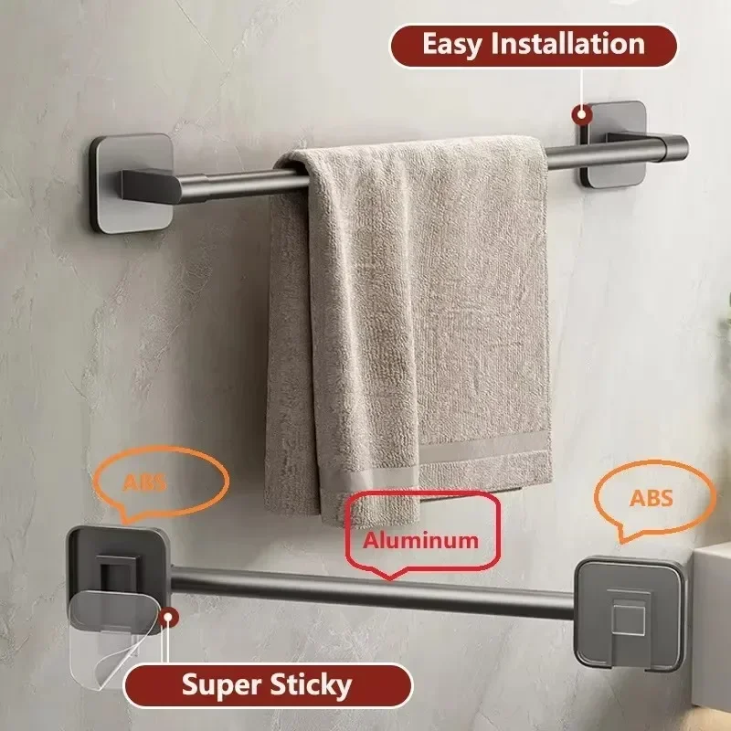 Towel Holder Space Aluminum Bar No Drilling Bathroom Organizers Self-adhesive Towel Bar Bathroom Shelves Kitchen Storage Rack