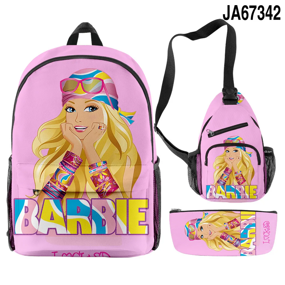 MINISO Barbie Peripheral Crossbody Bag, Pen Bag, Three-piece Set, Printed School Bag for Primary and Secondary School Students