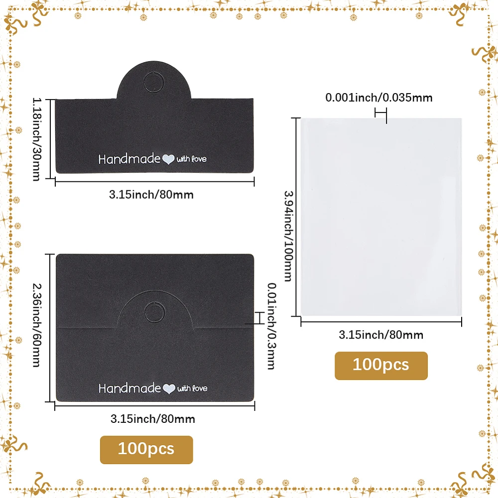 100 Sets 2.36 x 3.15 Inch Handmade Jewelry Display Bags Black Bracelet Display Cards Hanging Love Printed Foldable Header