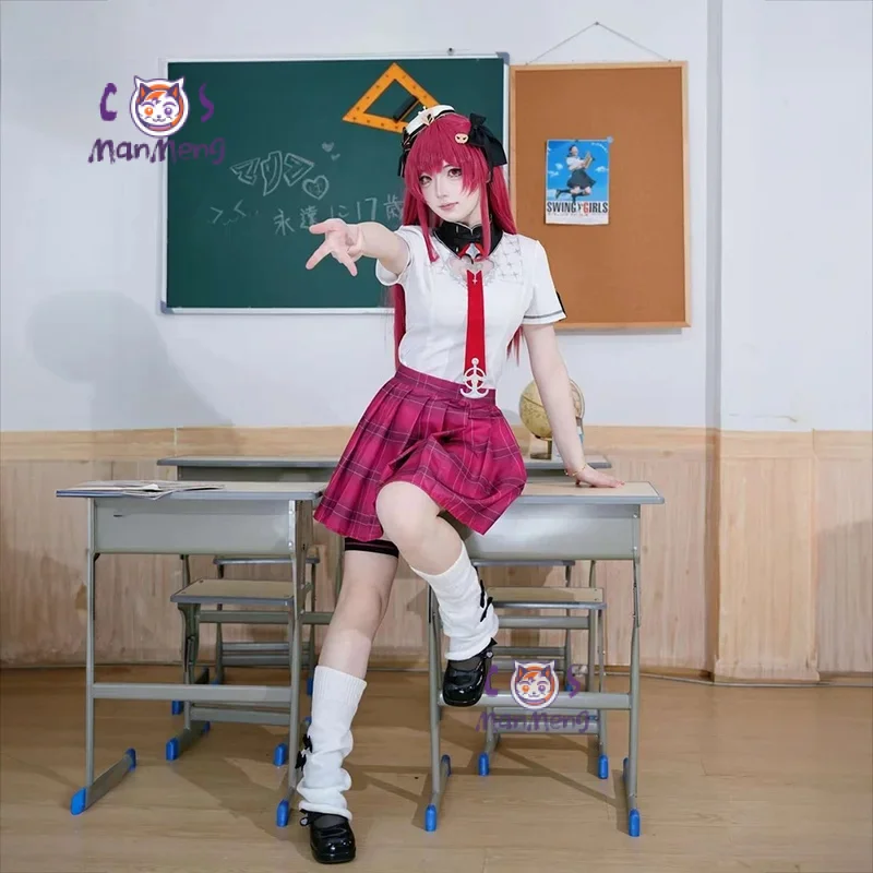 

New Hololive Houshou Marine Cosplay Costume Houshou Checkered skirt shirt hat tie accessories Halloween party, sweet JK uniform