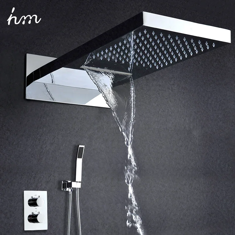 YyhcThermostatic Shower Faucets Square Waterfall Rainfall Shower Head Set Shower Valve System For Bathroom