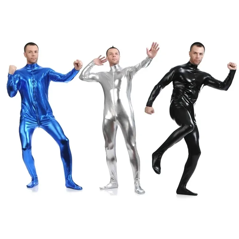 Full Body Spandex Pak Glanzende Metallic Zentai Kostuums Cosplay Headless Huid Strakke Catsuit Halloween Volwassen Mannen Bodysuit Unisex