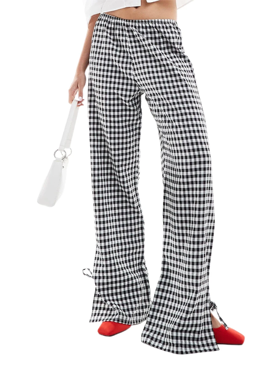 Women Plaid Print Pants Wide Leg Slit Tie-up Elastic Waistband Loose Casual Pull On Lounge Trousers