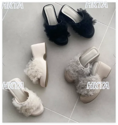 

Japanese Daily Sweet Cute Fashion Pleated Mesh Platform Muffin Shoes Summer New Vacation Casual Versatile Black Slippers Women