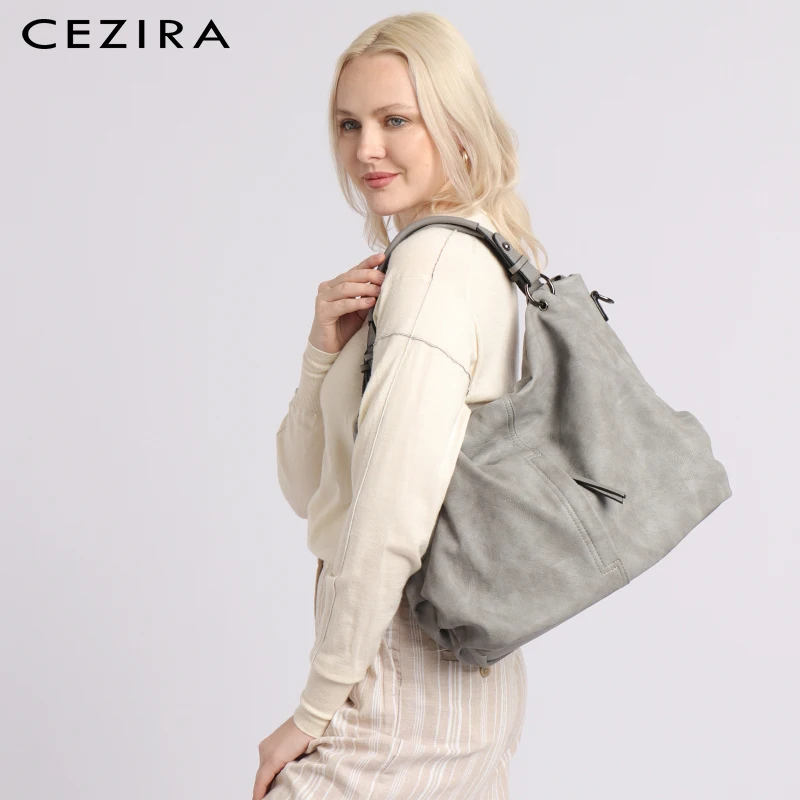 CEZIRA Brand Large Women\'s Leather Handbags High Quality Female Pu Hobos Shoulder Bags Solid Pocket Ladies Tote Messenger Bags