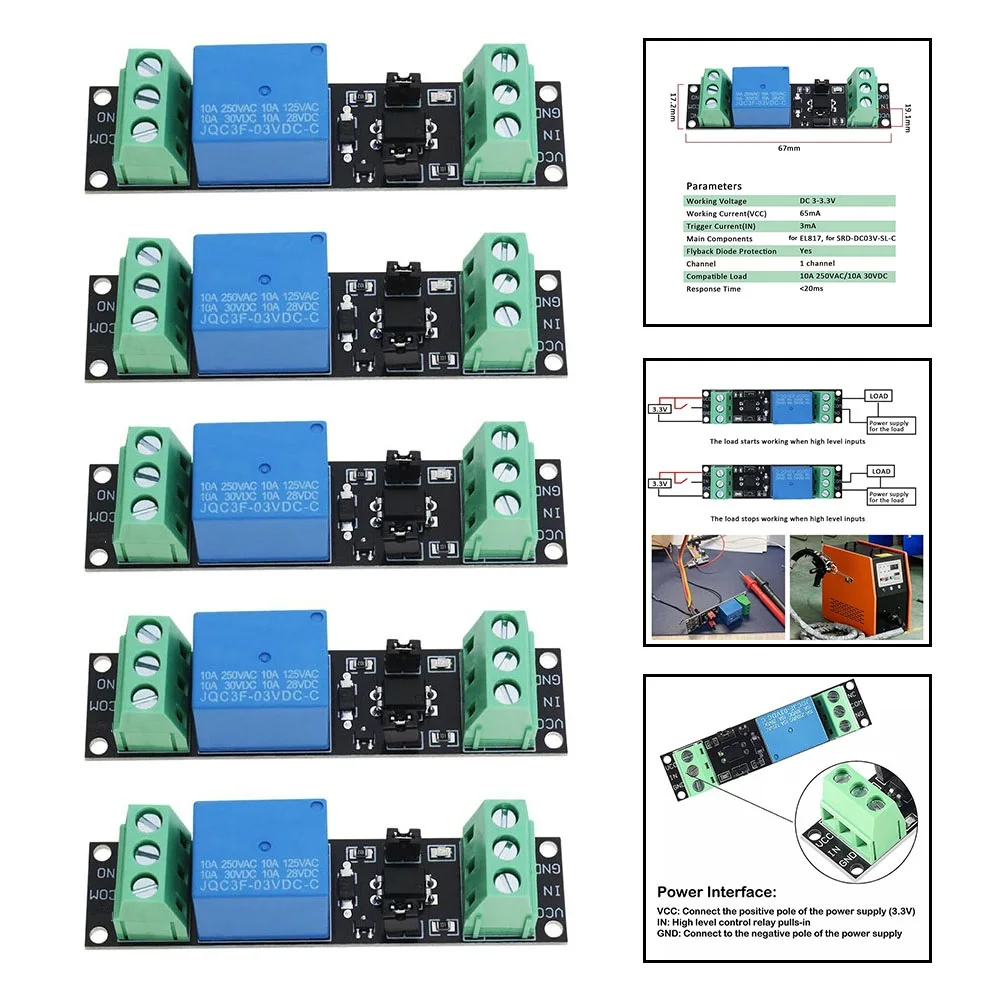 5pcs 3V Relay Power Switch Board 1 Channel Optocoupler Relay Module Isolated Drive Control Board For Development Board