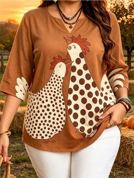5 Colors Farm Rooster Polka Dot Print Blouses Split V Neck 2 Buttons 3/4 Sleeve Cotton Women Shirts