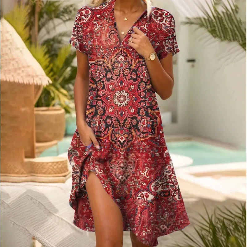 New Summer Women\'s Sexy V-neck Short-sleeved Midi Dress 2024 Fashionable Bohemian Retro Printed Casual Loose Dresses For Women