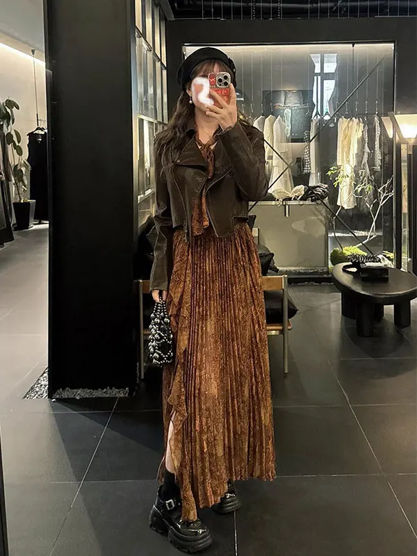 

Retro Coffee Color Standup Pleated f Skirt Women's Autumn Winter New Design Sensation Asymmetric Elastic Slit Long Skirt