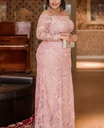 Pink Elegant Mother Of The Bride Dresses A-line Long Sleeves Lace Plus Size Groom Long Mother Dresses For Wedding Customized