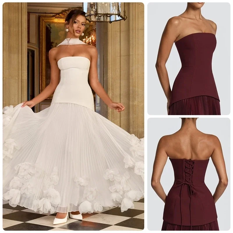 

Elegant Burgundy Strapless Pleated Maxi Dresses Women Vintage 3d Ruffle Patchwork Hem Formal Evening Prom Party Bridesmaid Gowns