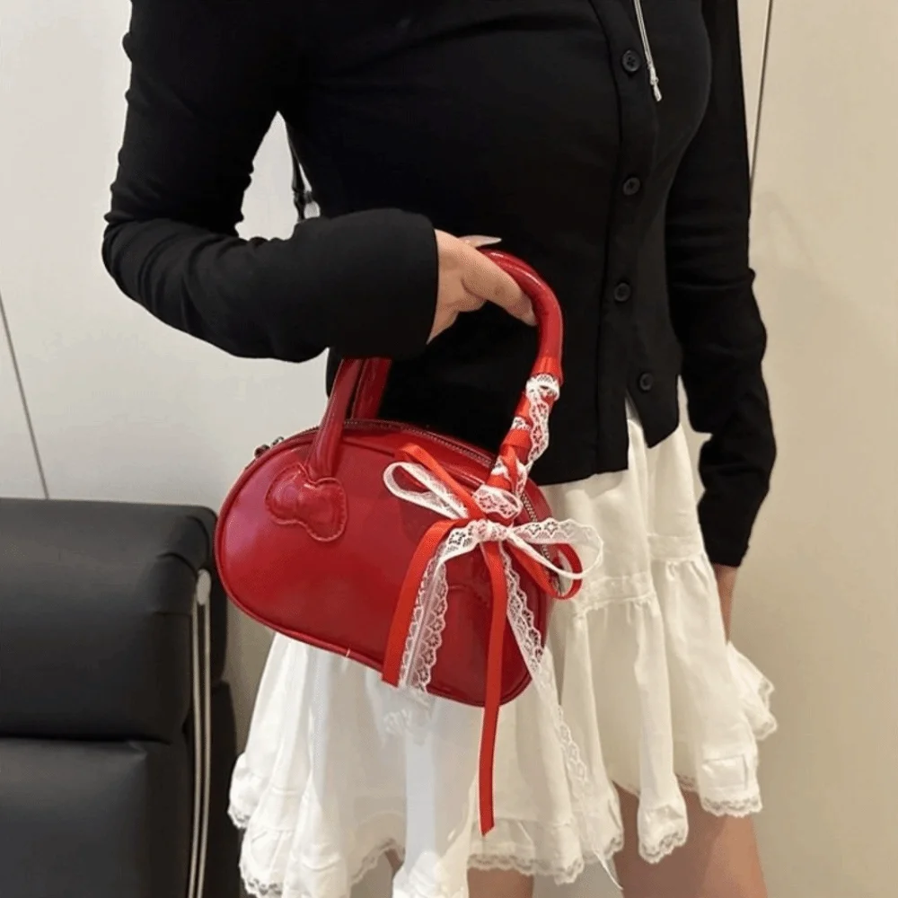 

Модная корейская сумка через плечо с бантом из искусственной кожи Y2k с кружевными лентами, бостонская сумка, милая сумка для отдыха и поездок на работу, весна и лето