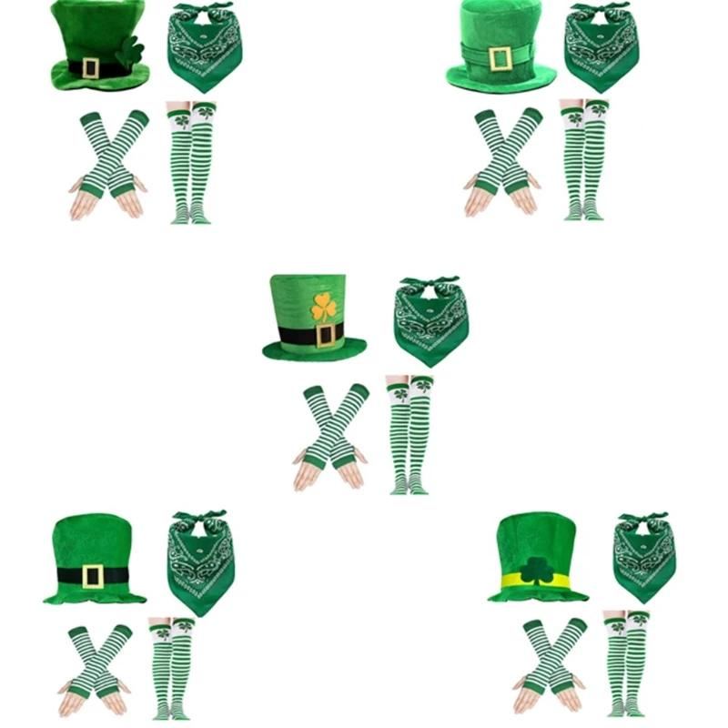 Traje vestir para o dia StPatricks, 4 peças, trevo verde, chapéu alto, meias luvas, conjunto para celebração do dia