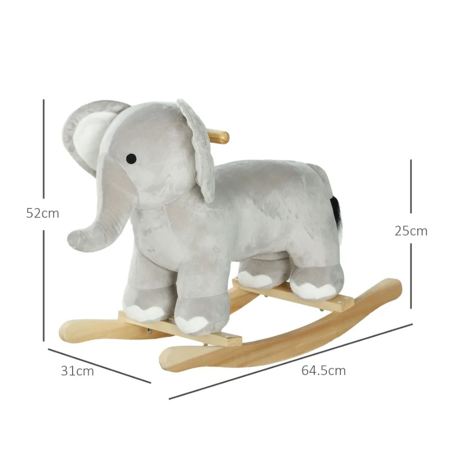 Qaba Rocking Horse Rocking Animal Elephant Rocker with Realistic Sounds Plush Ride on Toy for Years 24 Gray