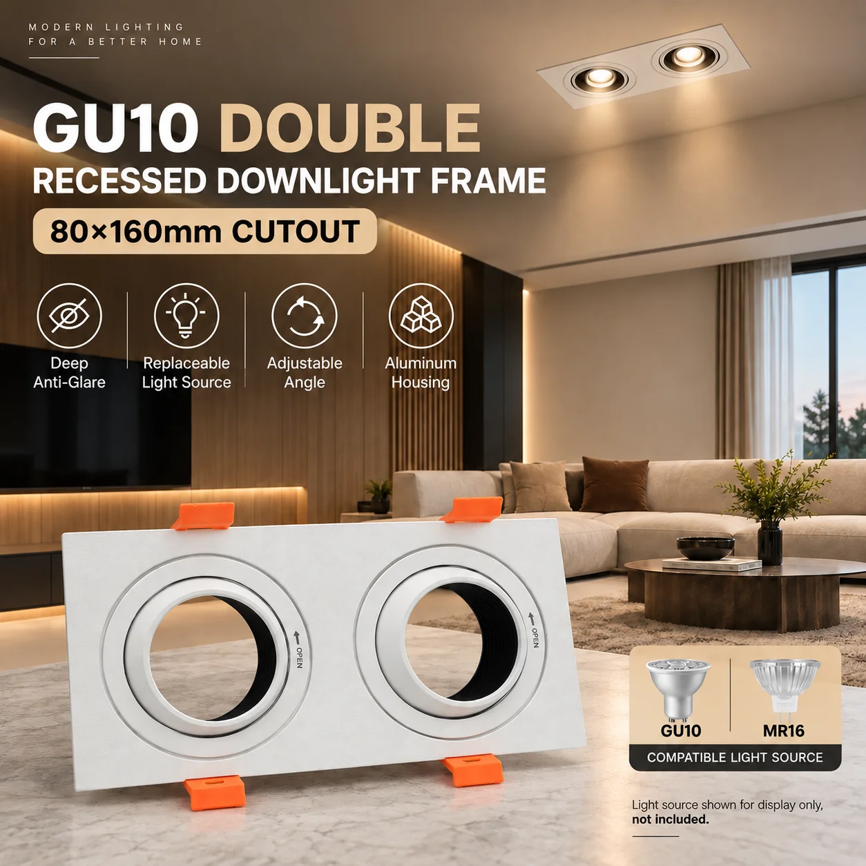 GU10 Double Recessed Downlight Frame 80x160mm Cutout Deep Anti Glare Aluminum Adjustable Spotlight Housing Replaceable Bulb MR16