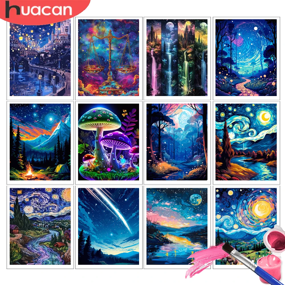 HUACAN Sternenhimmel-Malset für Erwachsene, Nachtlandschaftsbilder, Zeichnen auf Leinwand, Wald-Ölgemälde, DIY-Wanddekoration