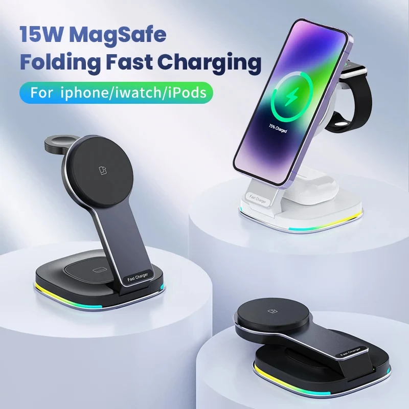 

Magnetic 3-in-1 Wireless Charger 15W Fast Charging Universal Foldable for IPhone 12 13 14 15 Pro Max Watch for Airpods