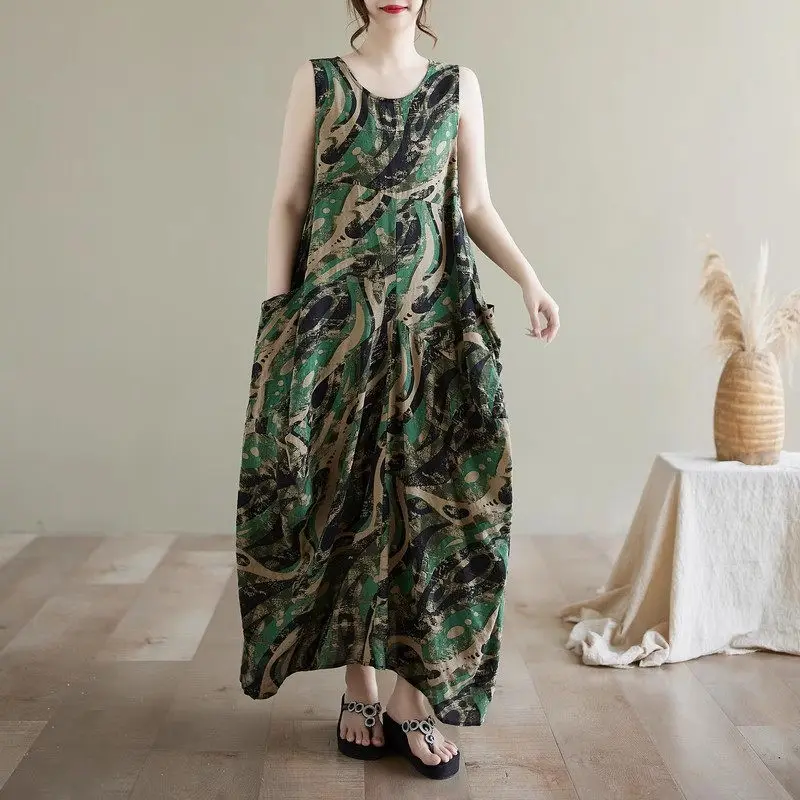 Abito estivo da donna con stampa etnica vintage - Abito maxi senza maniche snellente oversize dalla vestibilità ampia, abbigliamento da spiaggia Boho casual G921