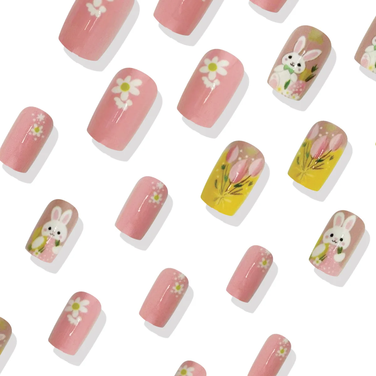 24 Uds. De uñas postizas para el día de Pascua, estampado de flores de conejo rosa dulce, puntas de uñas postizas para mujer, usable, desmontable, primavera, bonito prensa en las uñas