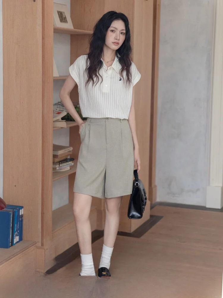 

Khaki High Waist Suit Sle Casual Five-Quarter Pants Women's Straight Leg ort Trousers Versatile Summer New Arrival