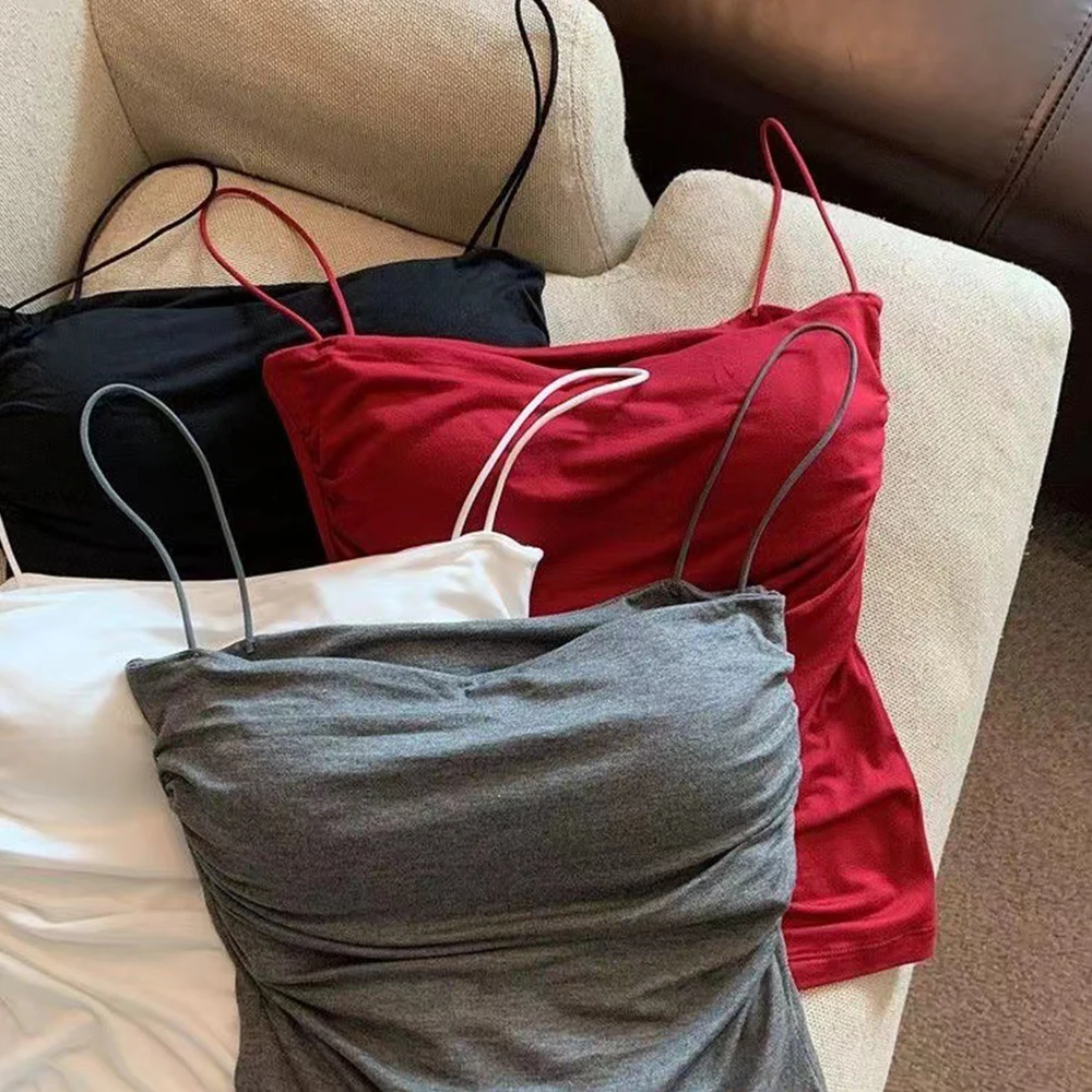 Summer Sexy Slim Fit Camisole Vest Cropped Top With Thin Straps Women Tank Tops Sleeveless Solid Color Built In Bra Tees Korean