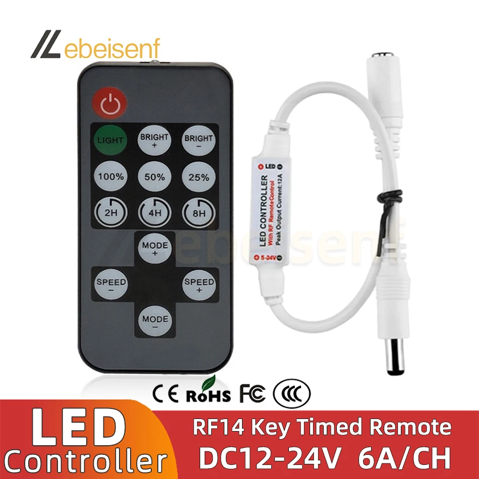 Neuer einfarbiger Mini-LED-Lampendimmer, DC 5 V, 12 V, 24 V, 6 A, 1 Kanal mit RF 14-Tasten-Timing-Fernbedienung für 5050 2835 Streifenlichter