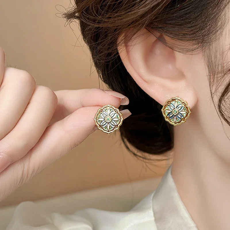 Enamel color stud earrings women's light luxury high-end temperament medium antique earrings 2024 new popular retro earrings