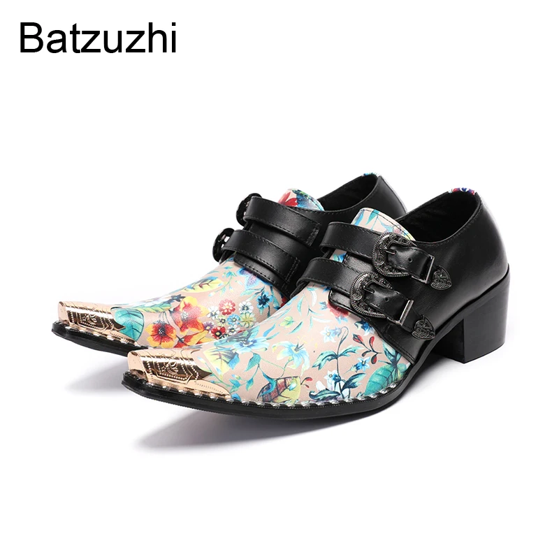 Batzuzhi Top Fashion Men's Shoes Flowers Print Leather Dress Shoes Man Slip on Formal Leather Business, Party Shoes 6cm Heels