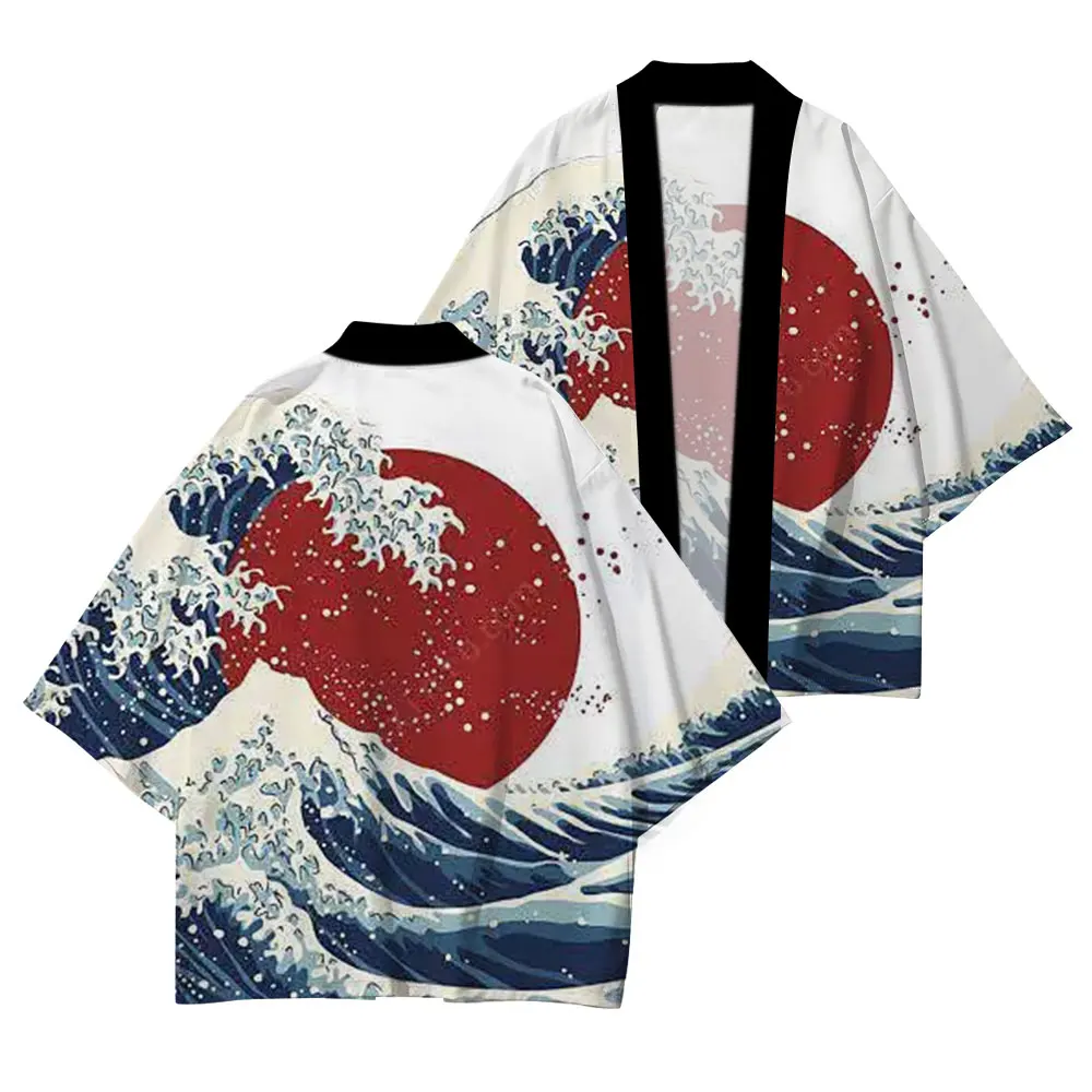 Japanese traditional clothing High quality casual loose kimono Wave red sun pattern printed summer UV protection kimono XXS-4XL