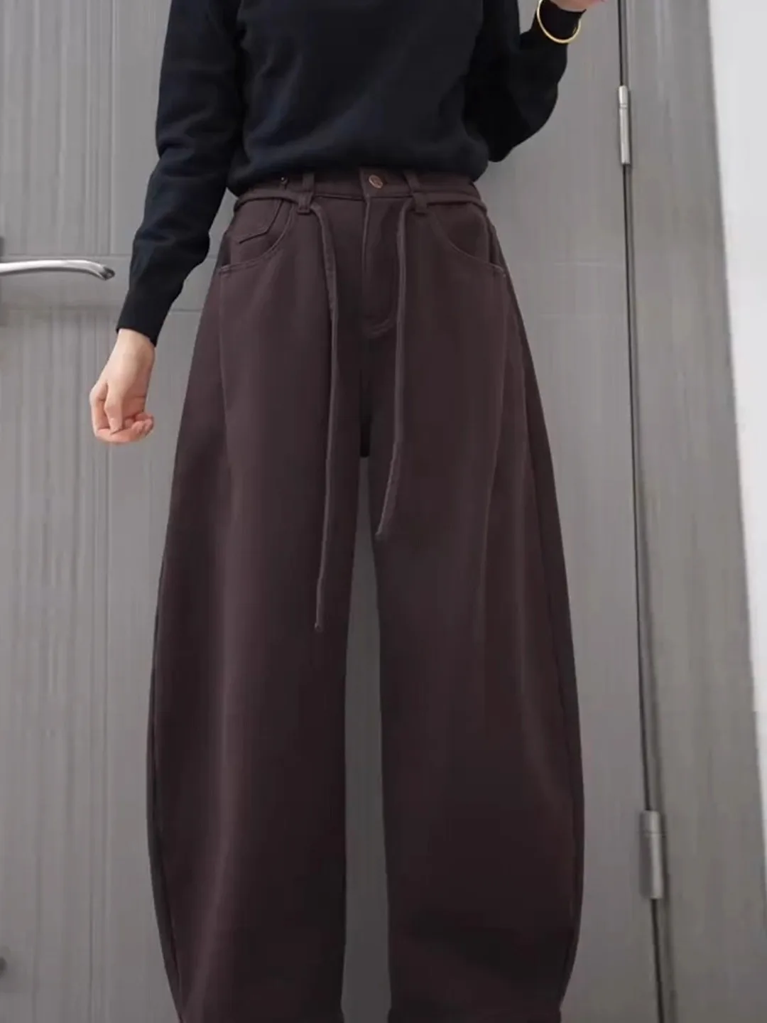 

Loose plus Size Women's Pure Color Fce Lined Wide Leg Knife Pants Belt Decorated Denim Jeans High Waist American Sle Casual