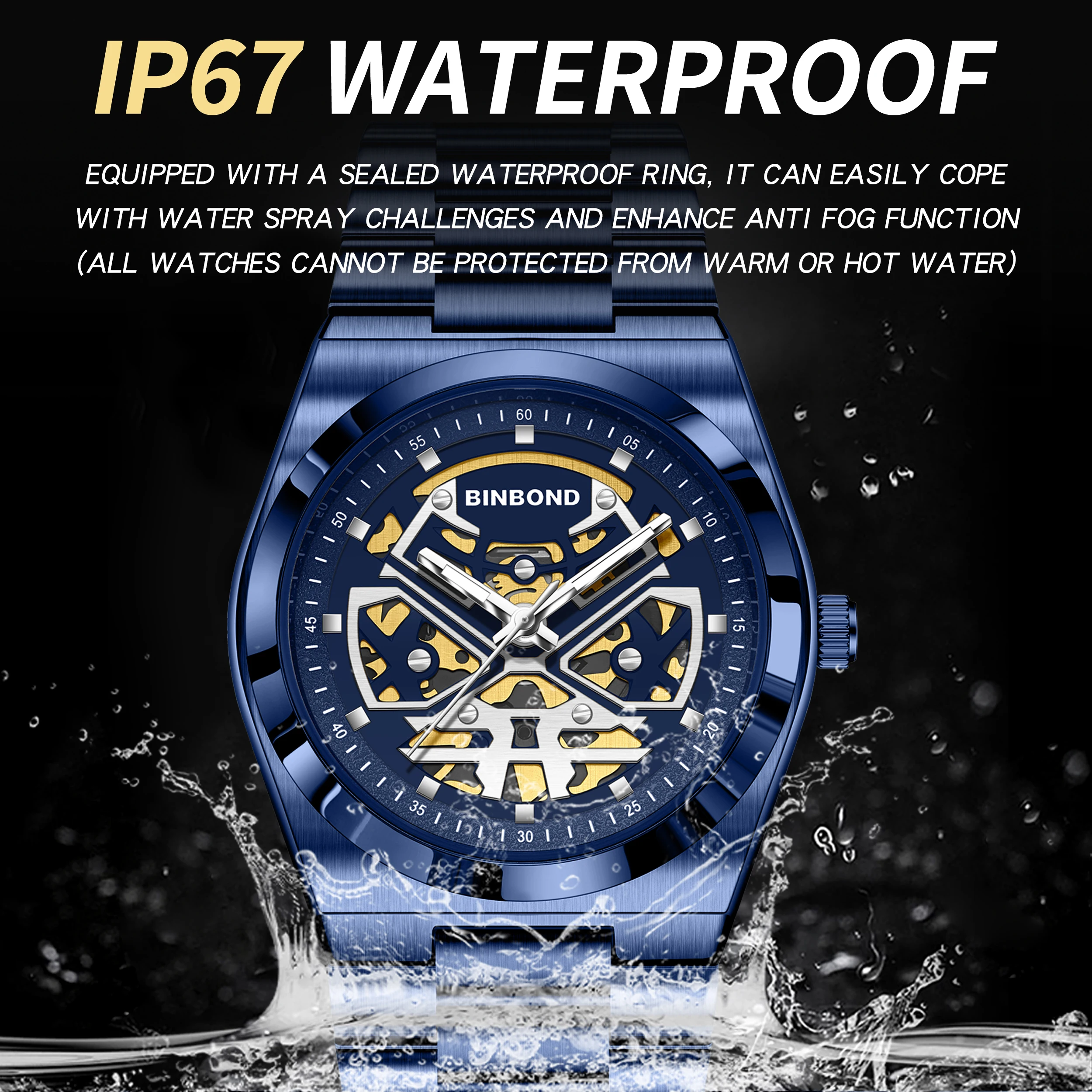 تتميز ساعة BINBOND الكوارتز الجديدة هيكلًا أسودًا أو أزرق أو أبيض وحزامًا في مخطط ألوان موحدًا. هذا التصميم الهيكلي