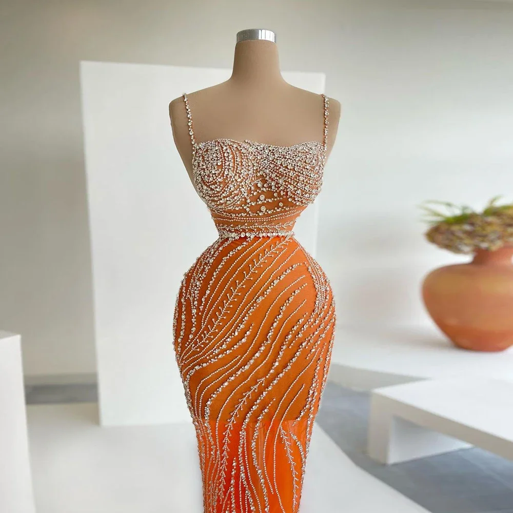 

Elegant Orange Square Neck Tank Top Spaghetti Straps Mermaid Evening Gowns Luxury Dubai Crystal Beaded Wedding Party Dresses