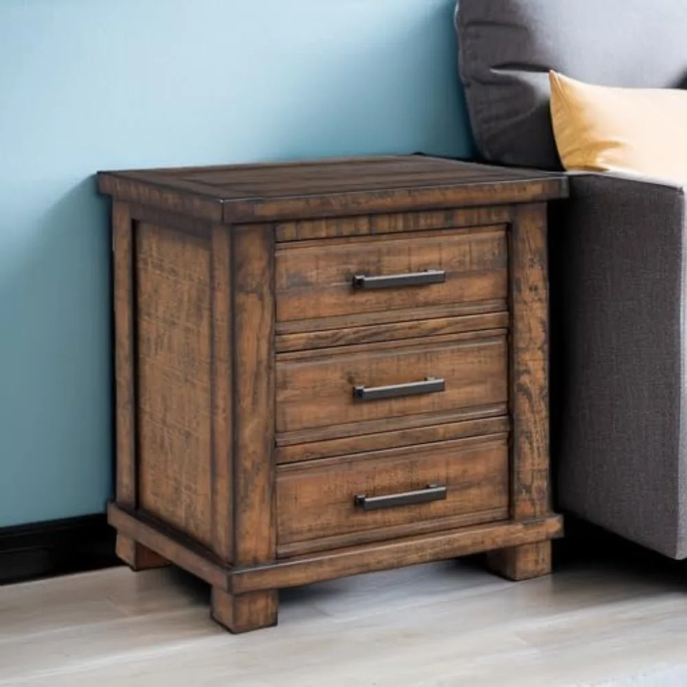 منضدة مزرعة ذات 3 أدراج، طاولة بجانب السرير من خشب الصنوبر المستصلحة، طاولة جانبية للأريكة مع مقابض معدنية عتيقة، Fu