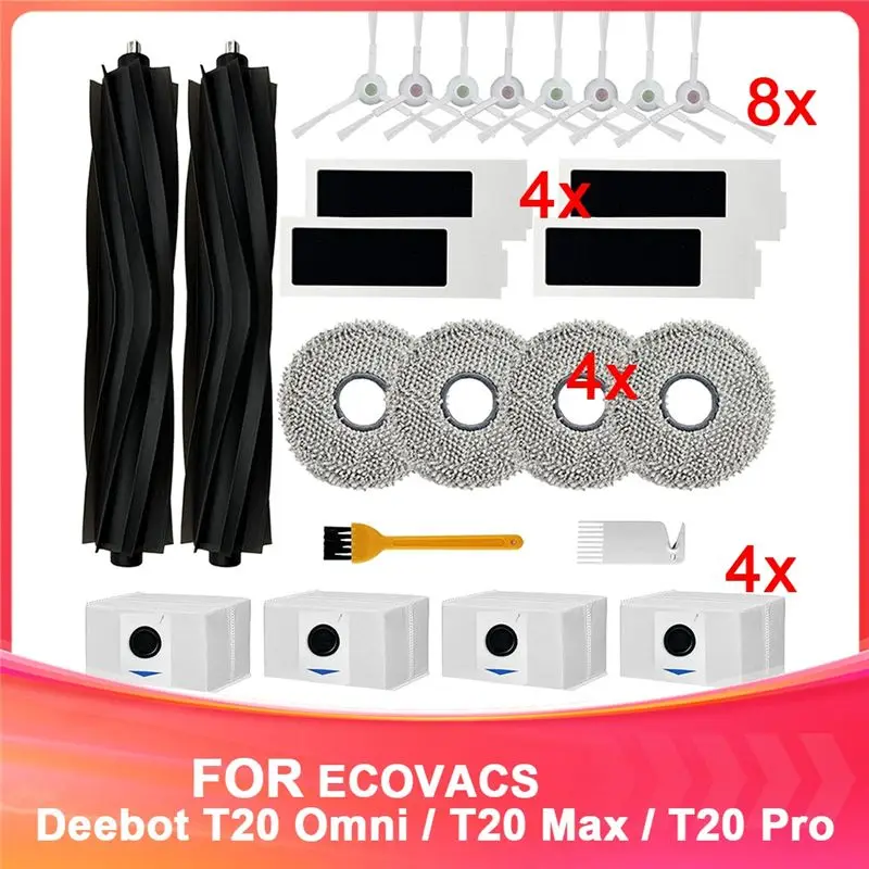 LICE-For ECOVACST20 Omni/Max/Pro/T20 Max Vacuum Cleaner Accessories Kit Main Side Brush HEPA Filter Mop Cloth Dust Bag