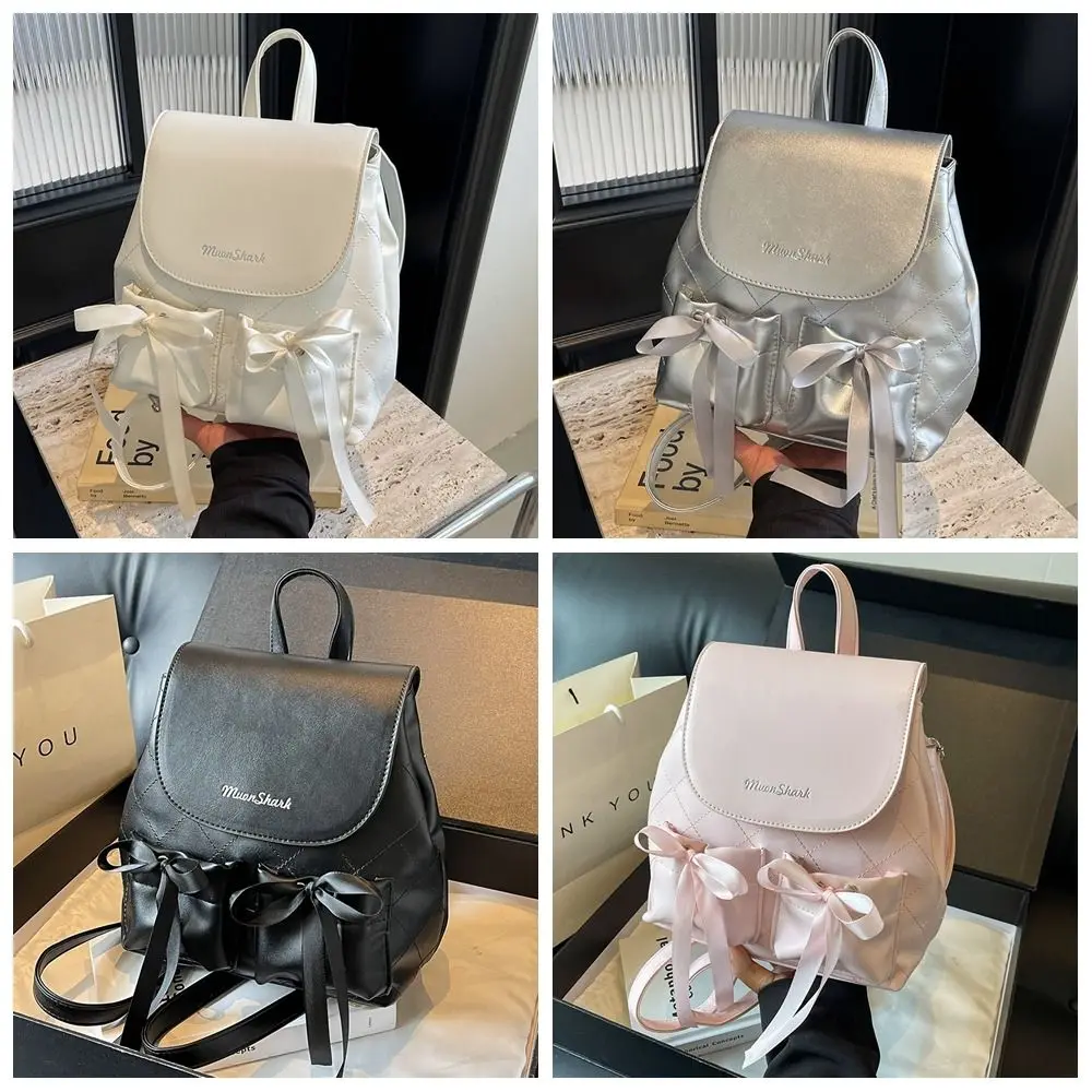 Korean Style Bowknot Backpack Ballet Style Large Capacity Nylon Drawstring Knapsack Double Bow Solid Color Y2k School Bag Women