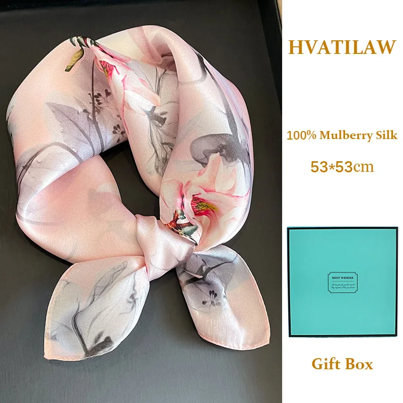 

100% Mulberry Silk Scarf 53cm Women Silk Square Scarf Headband Neckerchief Bandana Female Neck Scarf Silk Wrap Luxury Gift Box
